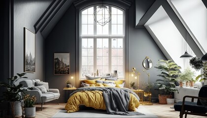  a bedroom with a large window and a bed with yellow and gray blankets and pillows and a chair and a couch in front of it.  generative ai