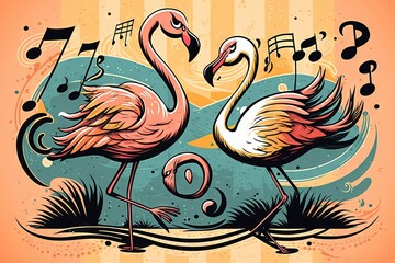  a couple of flamingos standing next to each other on a beach with music notes on the wall in the background and a wave of water.  generative ai
