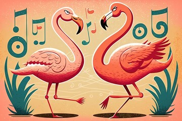  two pink flamingos dancing in front of musical notes and music notes on a pink background with green grass and a pink background with a pink background.  generative ai