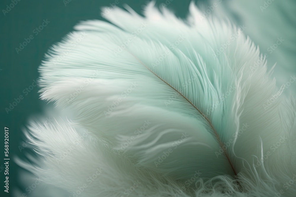 Poster a close up of a white feather on a green background with a blurry image of the feather and the tip o