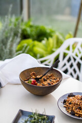 Granola with Fruit, Breakfast bowl in a garden