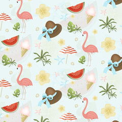 Summer seamless colorful pattern with flamingo, tropical leaves, seashell, watermelon, parasol, flowers. Vector illustration 