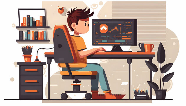 young web developer, young man working on the computer, vector illustration