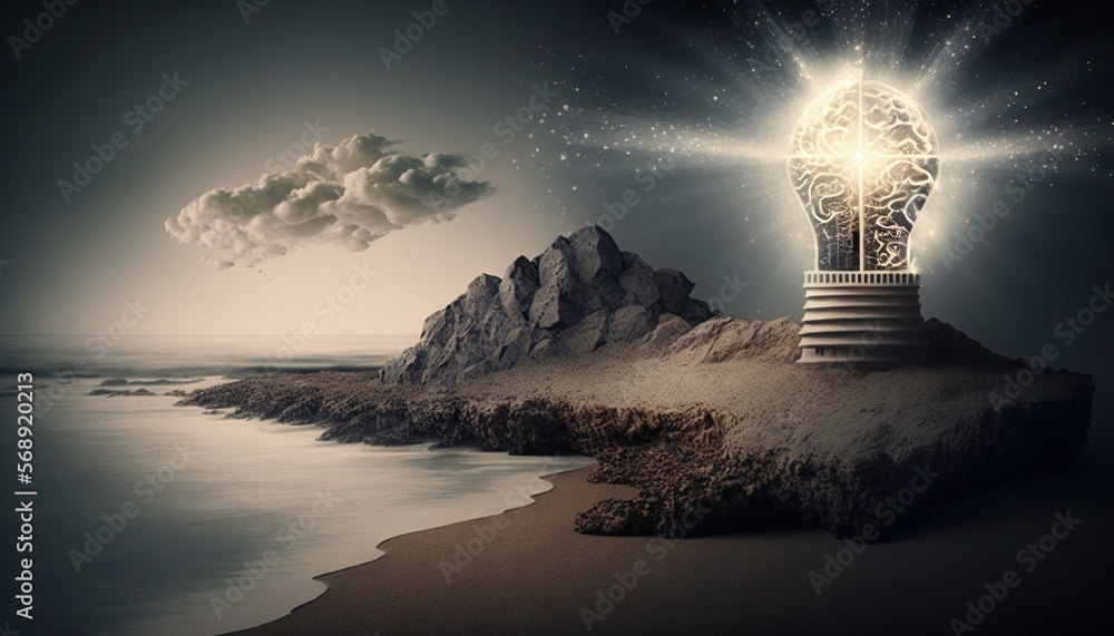Poster a lighthouse with a light coming out of it on top of a cliff next to the ocean with a star filled sk