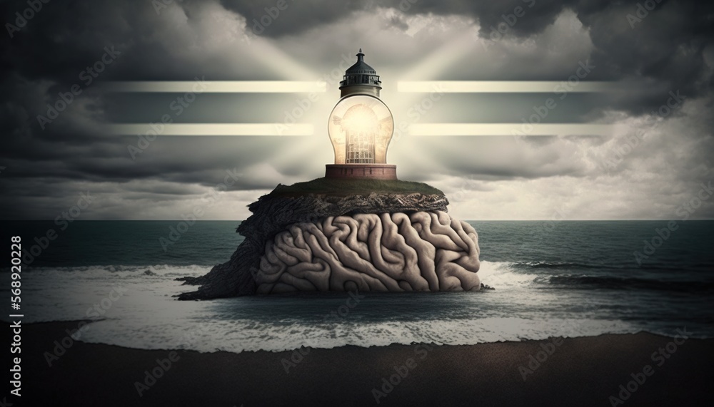 Poster a light that is on top of a small island in the ocean with a light bulb on top of it and a lot of cl