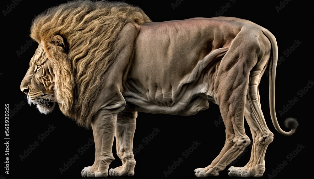 Poster a lion standing on a black background with its head turned to the side and it's mane curled up in th