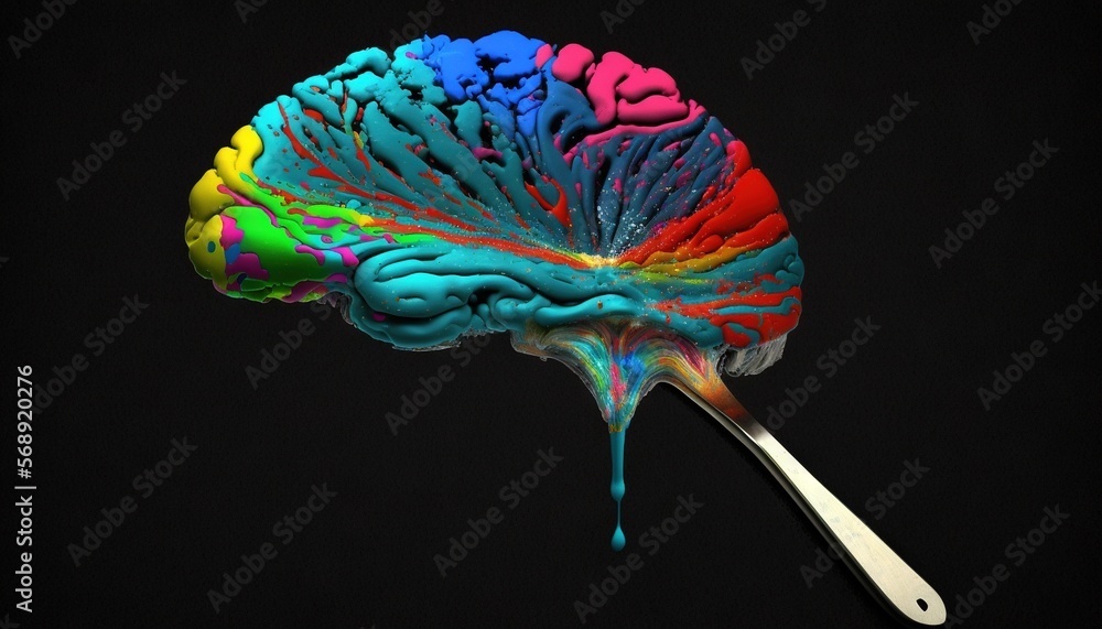 Poster a colorful brain is dripping with paint on a spoon with a black background with a black background a