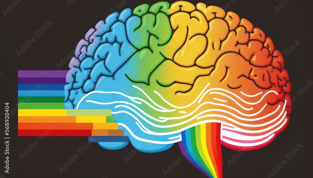 Poster a rainbow - colored brain with a black background and a rainbow - colored stroke in the middle of th