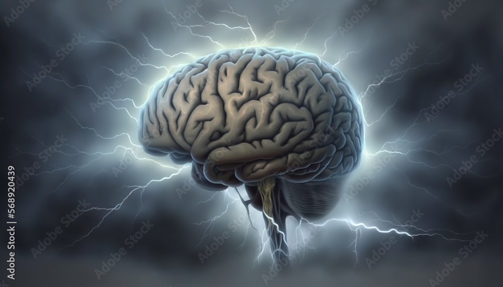 Poster a brain with a lightning bolt in the middle of the image, it appears to be a human brain, and it app