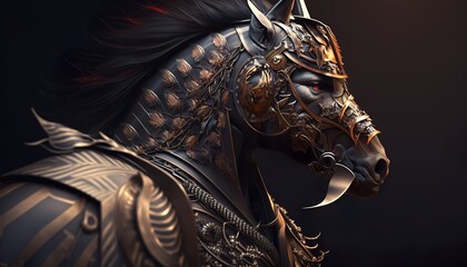lighting war horse face in armor, samurai design