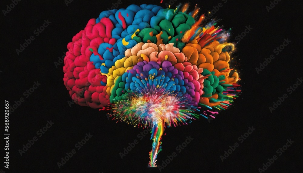 Poster a colorful fireworks exploding in the shape of a human brain on a black background with a black back