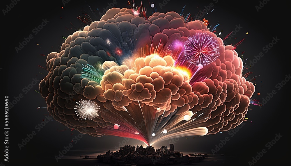 Aufkleber a colorful fireworks display in the shape of a human head with a city in the background and firework