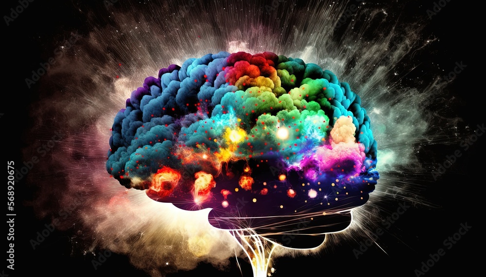 Aufkleber a multicolored brain is shown in the middle of a black background with white smoke coming out of the