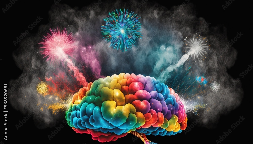 Poster a colorful brain is surrounded by fireworks and streamers of colors on a black background with a bla