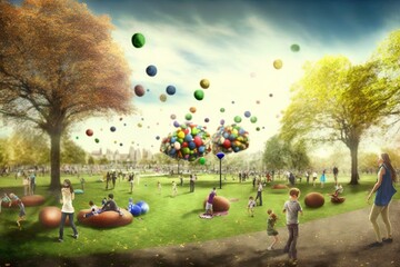  a group of people standing on top of a lush green field next to a park filled with lots of balloons flying in the air above.  generative ai