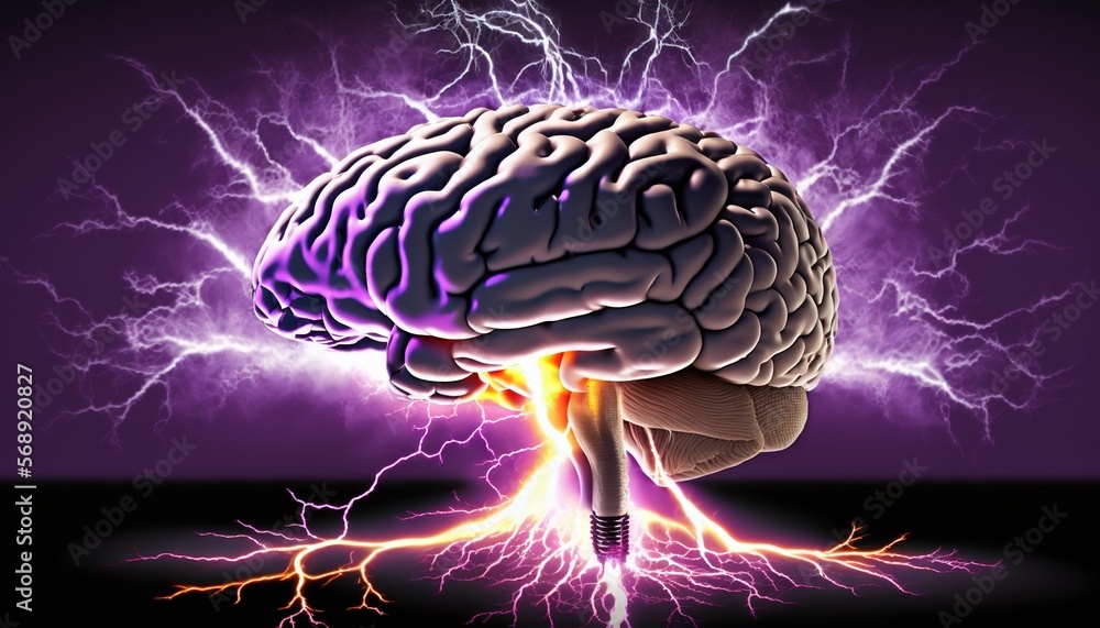 Poster a drawing of a brain with a lightning bolt coming out of it's center of the brain and a lightning bo