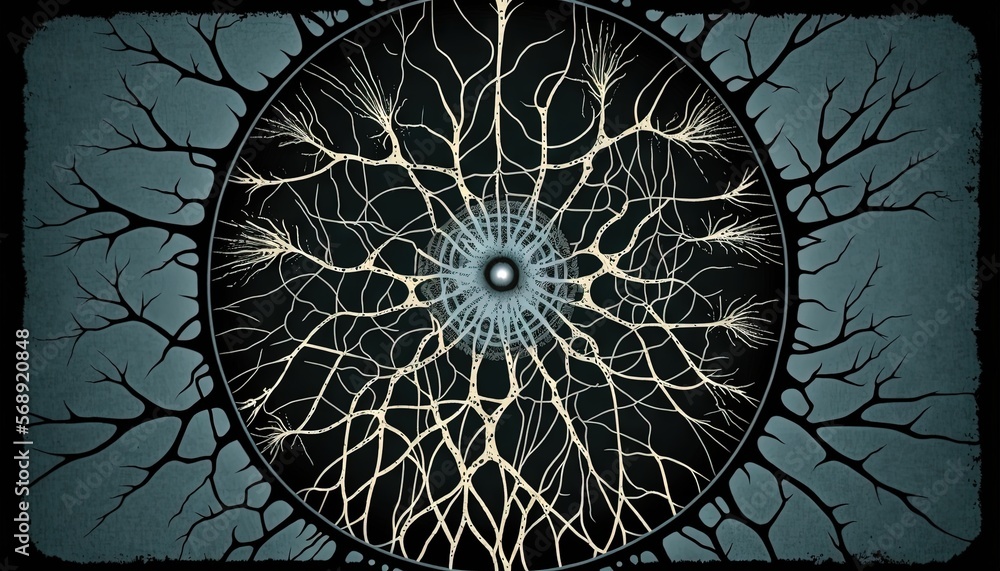 Poster a picture of a tree with many branches and a ball in the center of it, with a black background and a