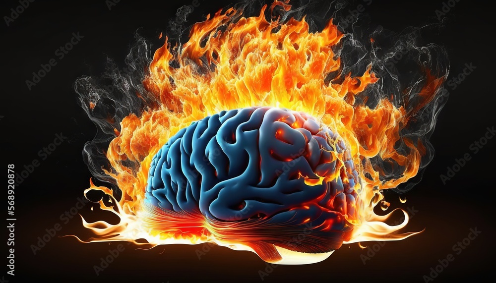 Poster a burning brain in the shape of a fireball on a black background with red and orange flames around i