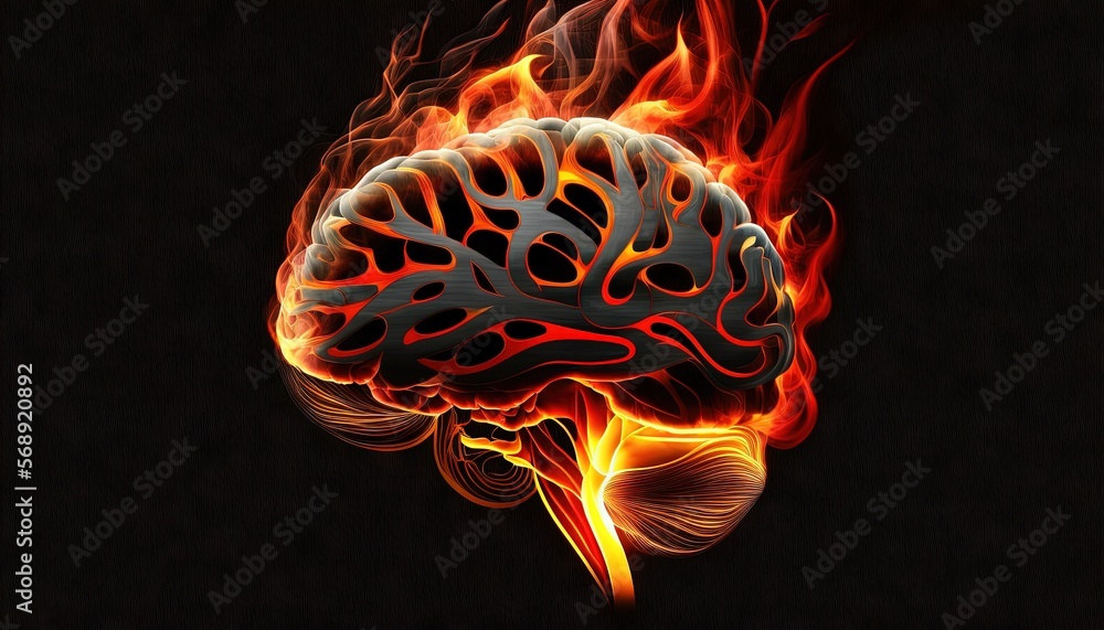 Aufkleber a picture of a human brain on fire with a black background and a black background with a red and yel