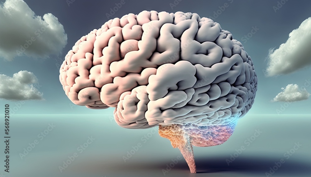 Poster a computer generated image of a human brain in the middle of a blue sky with clouds in the backgroun