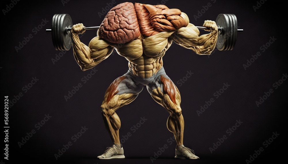 Poster a man with muscles and a large brain is doing a squat exercise with a barbell in front of his head a