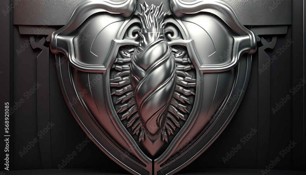 Poster a metal shield with a heart on it and a sword in the middle of the shield, with a dragon on the fron
