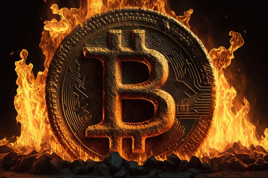 Bitcoin on fire, photo generated by IA, crypto coin