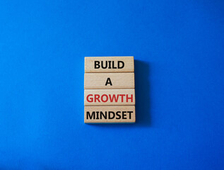 Build a growth mindset symbol. Concept words Build a growth mindset on wooden blocks. Beautiful blue background. Business and Build a growth mindset world concept. Copy space.