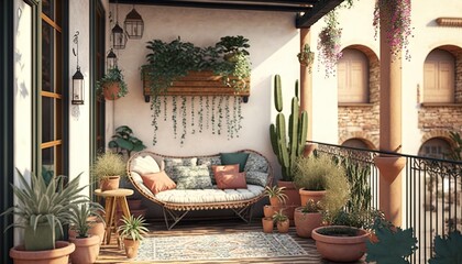  a patio with a couch and potted plants on the side of the building and potted plants on the wall above the couch and a table.  generative ai