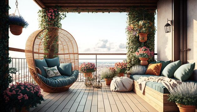  a balcony with a hanging chair and a couch with pillows and pillows on the floor and potted plants on the balcony and a view of the city.  generative ai
