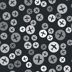 Grey Plane icon isolated seamless pattern on black background. Flying airplane icon. Airliner sign. Vector