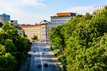View from the glass bridge on Saint Volodymyr descent and residential buildings in Kyiv, Ukraine