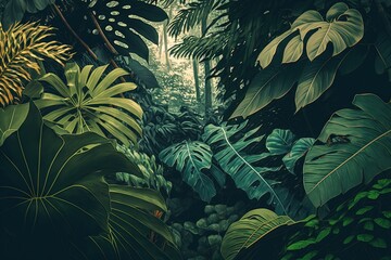  a painting of a jungle scene with lots of green plants and trees in the foreground and a dark sky in the background with a few white clouds.  generative ai