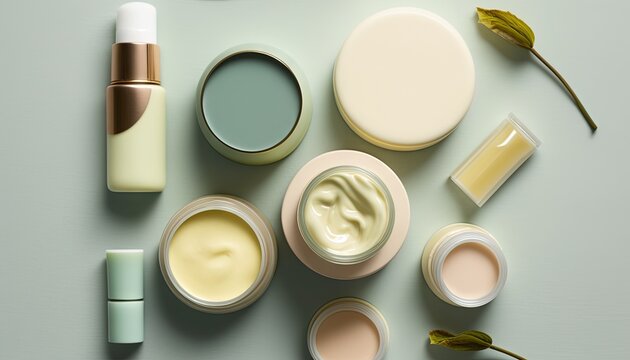  a variety of cosmetic products on a white surface with a green leaf on top of the container and a yellow flower in the middle of the container.  generative ai