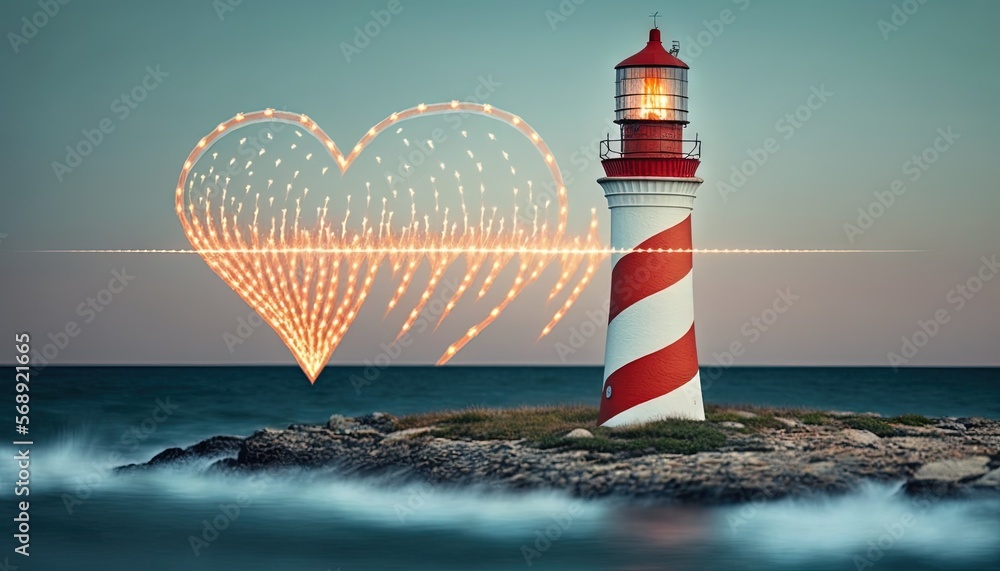 Poster a lighthouse with a heart shaped light on top of it next to a lighthouse with a light on top of it a