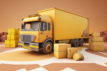 Naklejka premium Illustration of yellow delivery truck with cardboard boxes, background. Generative AI