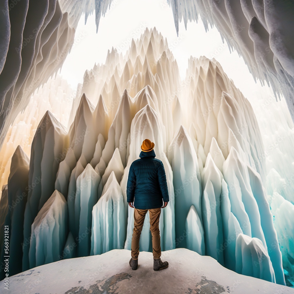 Poster a man standing in front of a large ice cave with a mountain in the background and ice formations on 