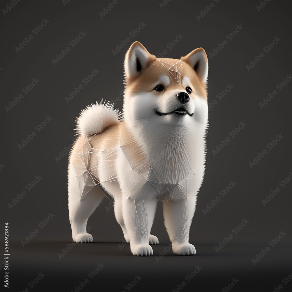 Poster a 3d rendering of a dog standing on a gray background with a black background and a white and brown 