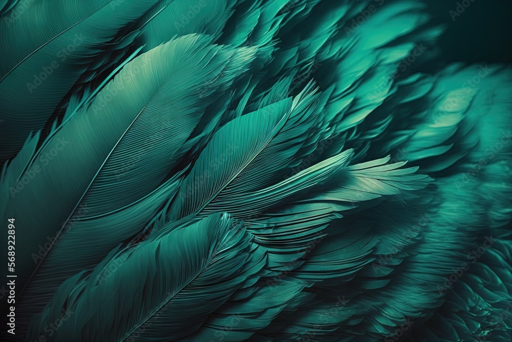 Poster a close up of a green feather with a black background and a blue background with a black background 