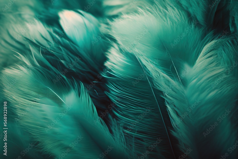 Poster a close up of a bunch of feathers with a blurry background of green and white feathers with a white 