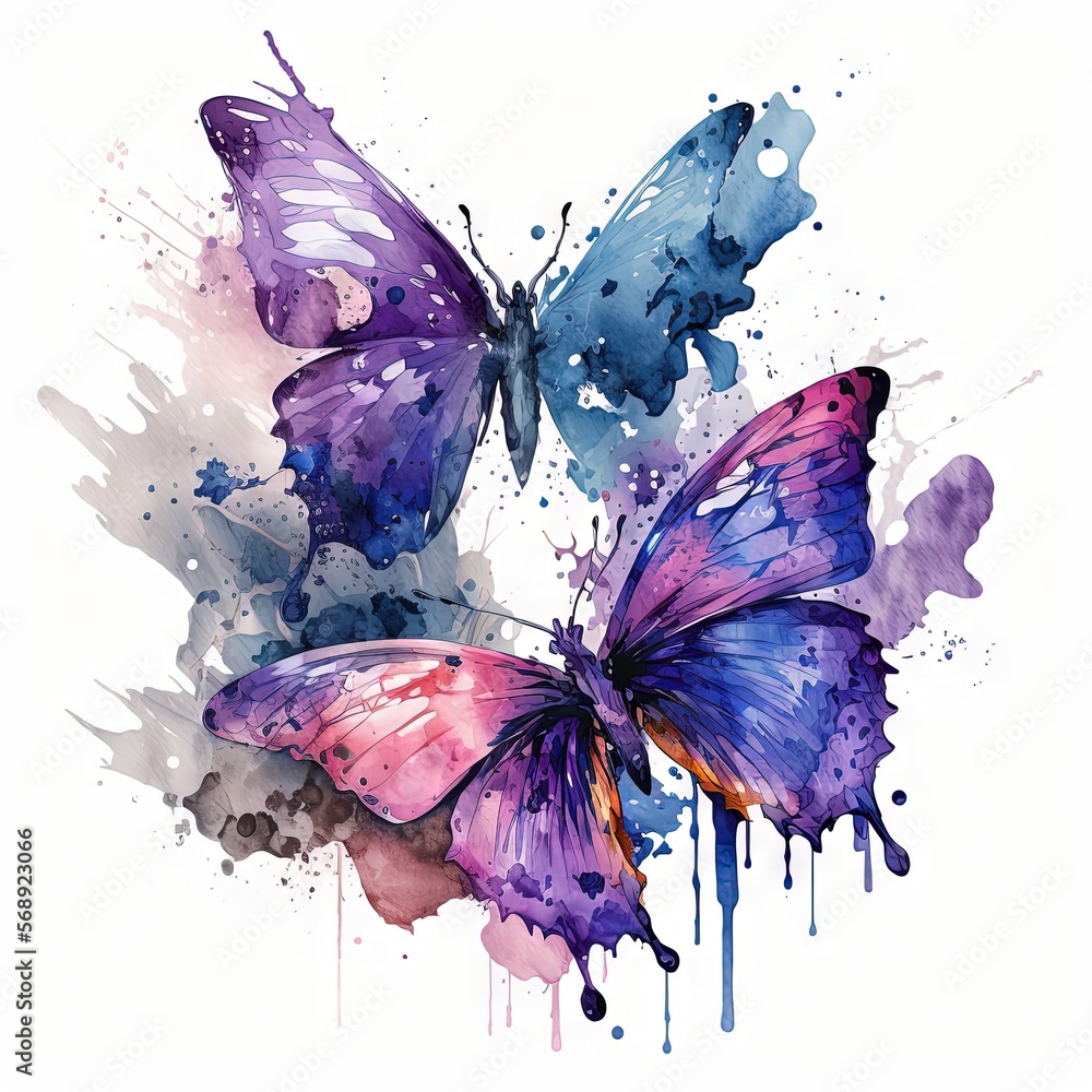 Poster two butterflies painted in watercolor on a white background with a splash of paint on the bottom of 