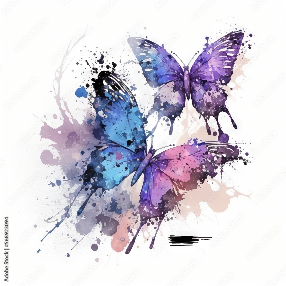 Poster two purple butterflies with splashes of paint on a white background with a black stripe in the middl