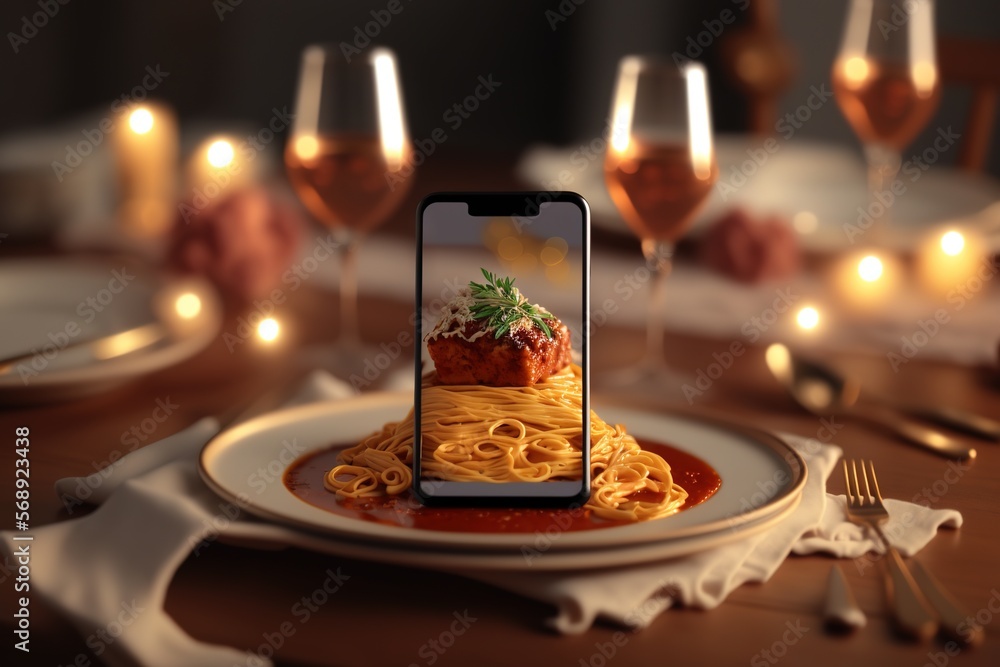Aufkleber a plate of spaghetti with a cell phone in the middle of it on a table with wine glasses and candles 