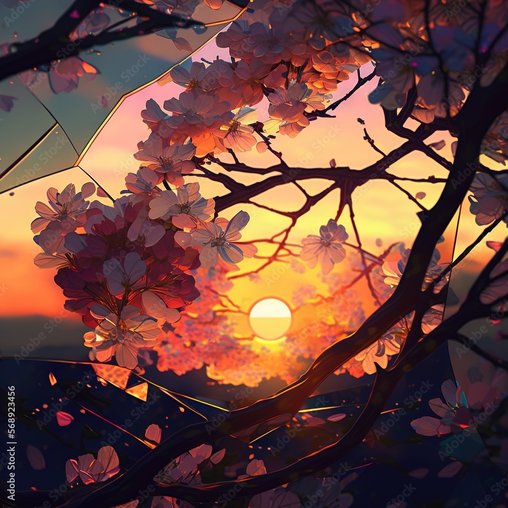 Poster the sun is setting behind a tree with pink flowers on it's branches in the foreground, and the sun i