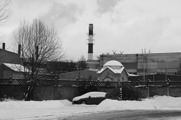 industry , winter, black and white, pipe, factory, chapel
