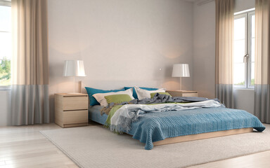 Modern bedroom interior with wooden decor in eco style. 3D Render