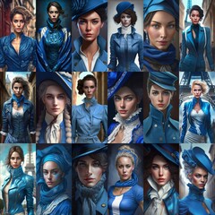 Fototapeta premium Top Models Gesichter aus Frankreich mit tratitioneller Kleidung Collage, ai generativ