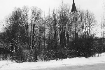 church, winter, black and white, forest, architecture