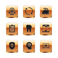 Set Marketing target strategy, Shield and dollar, Head hunting concept, Broken tooth, Clipboard with dental card and Kettle handle icon. Vector