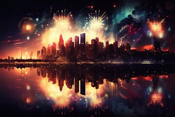 Fireworks exploding over a city skyline. Generative AI